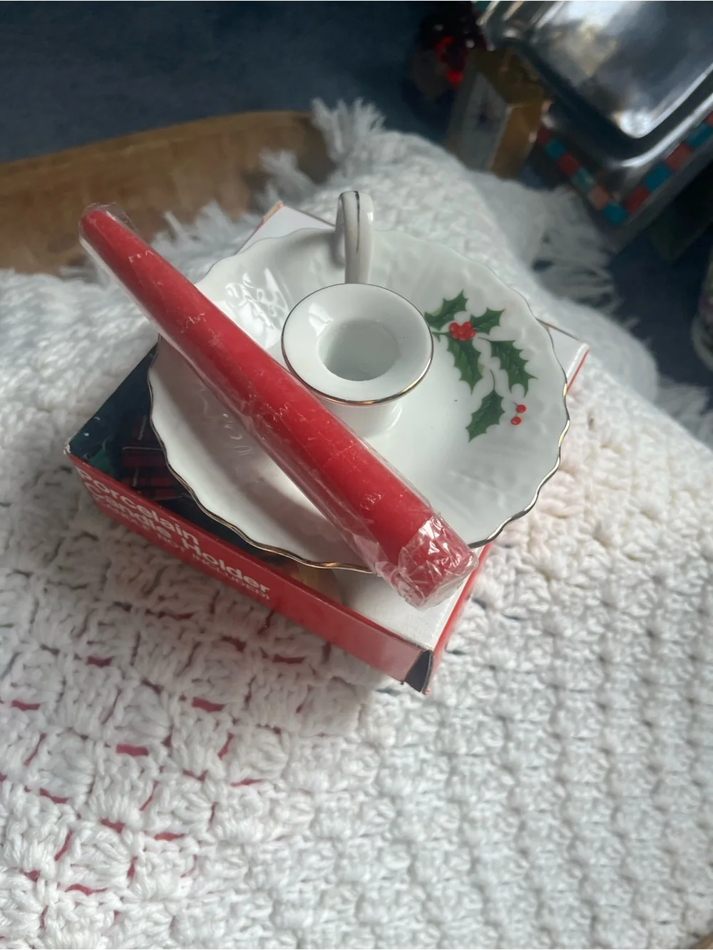 Red Taper Candle in Vintage White Holly Porcelain Chamberstick - Japan